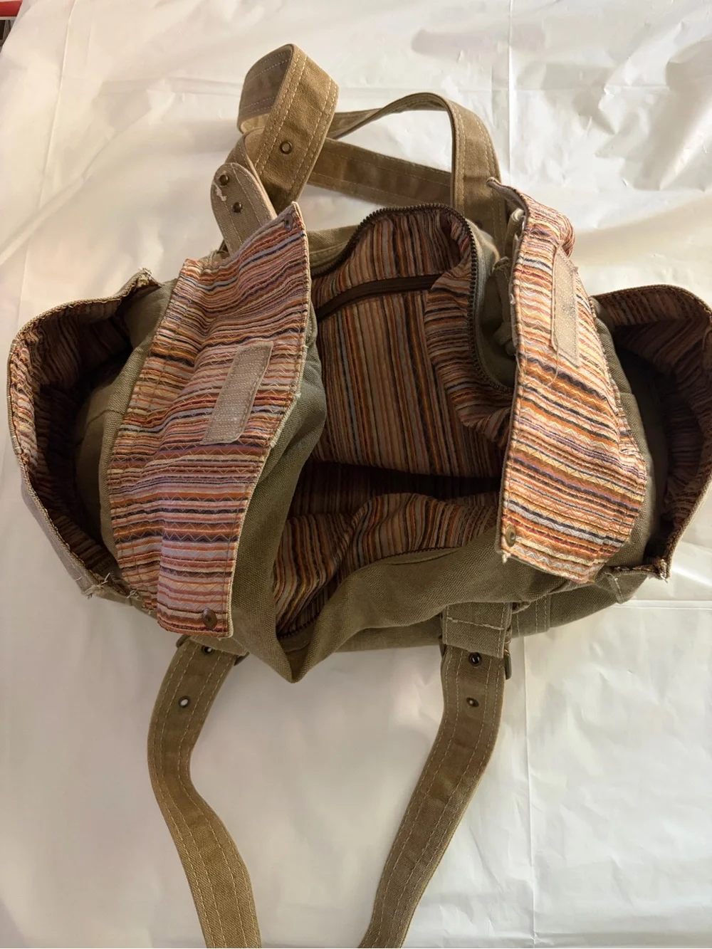 Khaki Canvas Utility Tote Bag | Multi Pocket Shoulder Bag